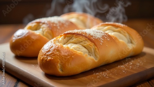 Freshly baked bread with steam on a wooden table.