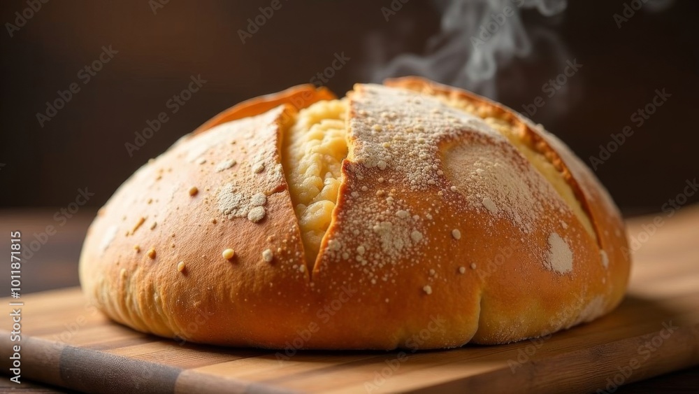 Freshly baked bread with steam on a wooden table. Freshly baked bread with steam on a wooden table.