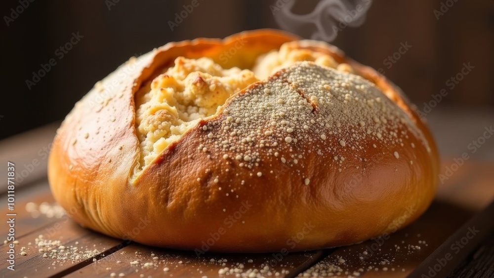 Freshly baked bread with steam on a wooden table. Freshly baked bread with steam on a wooden table.