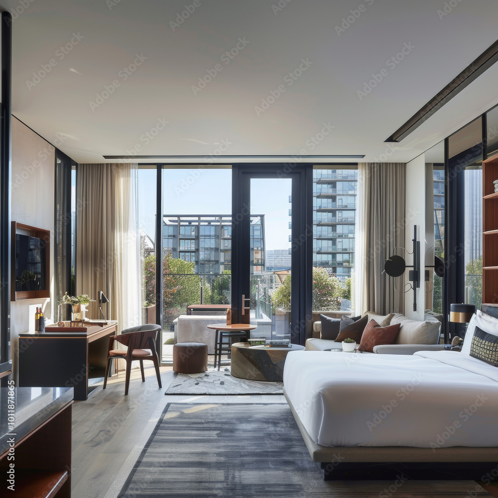 Fototapeta premium large modern hotel room suite with large glass windows with a large outdoor terrace
