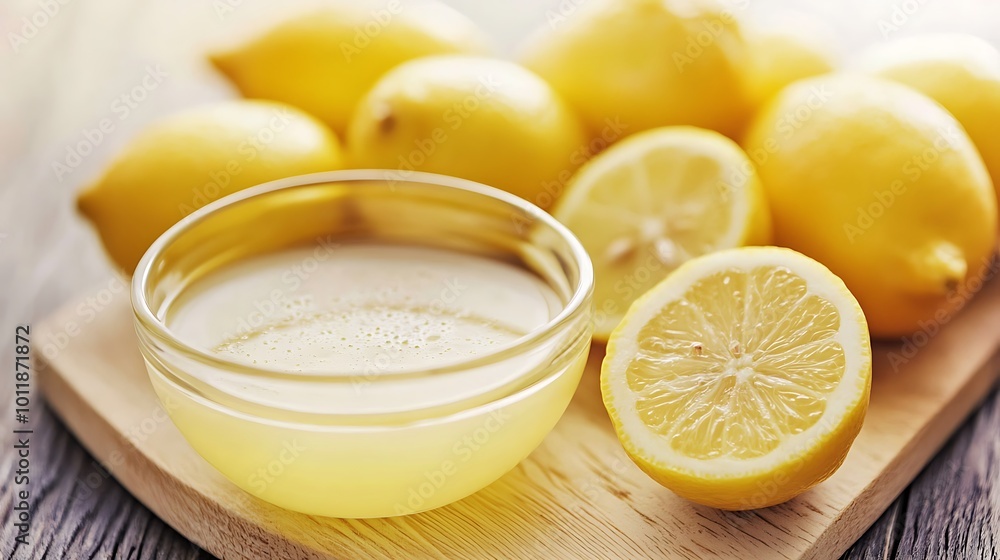 Bowl of fresh lemon juice with whole and cut lemons Bowl of fresh lemon juice with whole and cut lemons