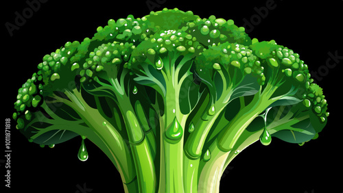 Fresh green broccoli with water drops macro isolated closeup on a black background