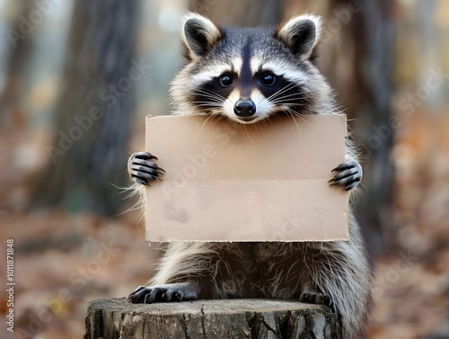 Curious Raccoon Holding Blank Cardboard Sign in Forested Setting photo