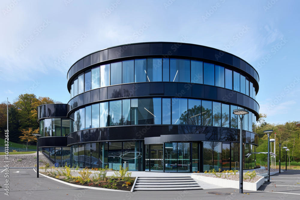 The curved glass building of the company's headquarters The curved glass building of the company's headquarters