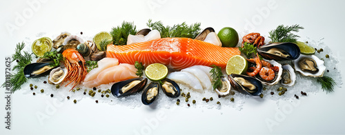 Fresh seafood on ice with lime and herbs. Seafood advertising banner. photo