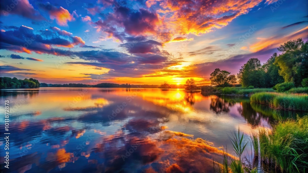 Beautiful sunset over a serene lake with vibrant colors reflecting on the water's surface Beautiful sunset over a serene lake with vibrant colors reflecting on the water's surface