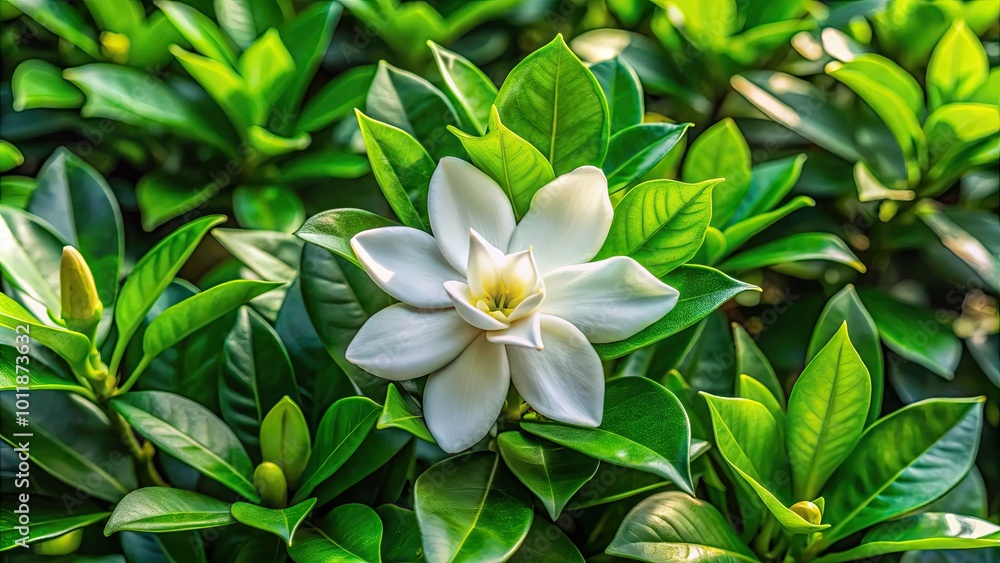 Beautiful Tahitian Gardenia Plant with Lush Green Leaves and Fragrant White Flowers in Bloom Beautiful Tahitian Gardenia Plant with Lush Green Leaves and Fragrant White Flowers in Bloom