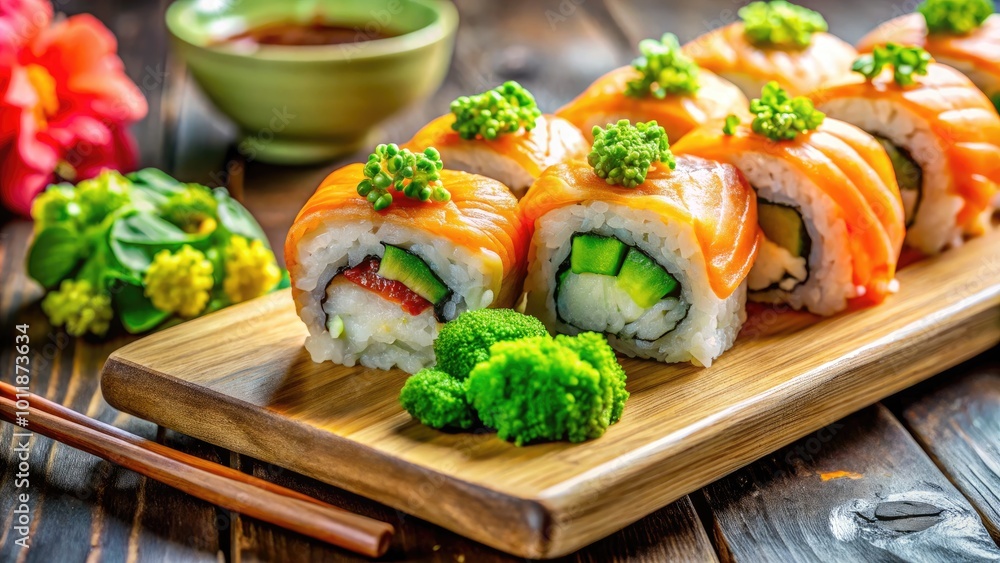 Beautiful tabiko sushi on a wooden plate with wasabi and ginger, perfect for culinary presentations Beautiful tabiko sushi on a wooden plate with wasabi and ginger, perfect for culinary presentations