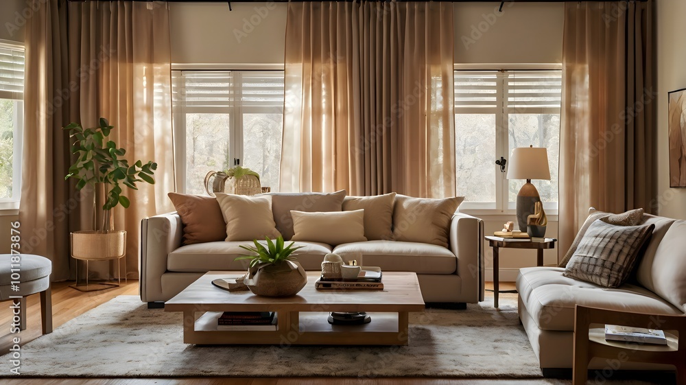 Fototapeta premium Inviting living room scene with a modular sofa, airy beige curtains, an artistic coffee table, and personal decor items that create a warm and welcoming atmosphere for relaxation.