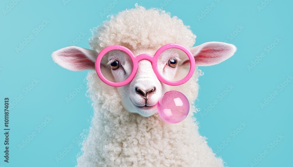 Quirky sheep with fluffy wool and pink glasses blowing bubblegum against a blue background. Fun and colorful livestock concept. Quirky sheep with fluffy wool and pink glasses blowing bubblegum against a blue background. Fun and colorful livestock concept.