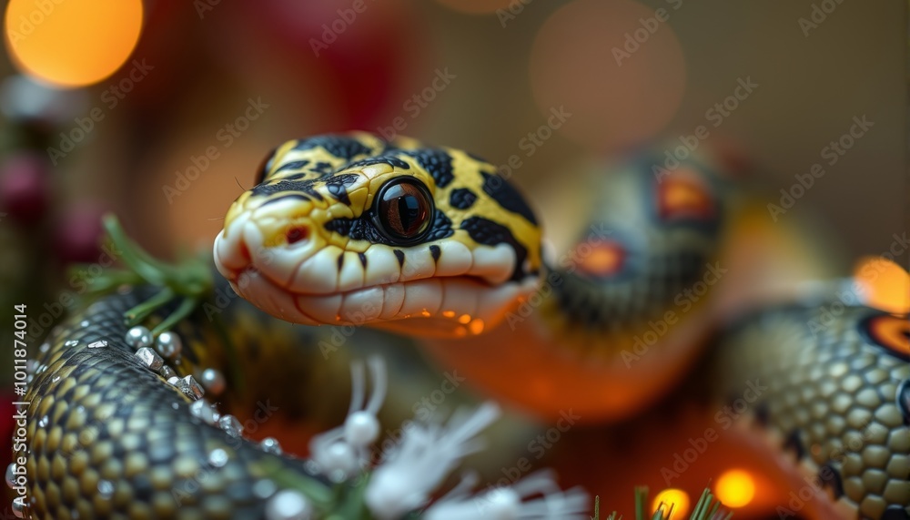 Fototapeta premium Snake and Christmas tree background.