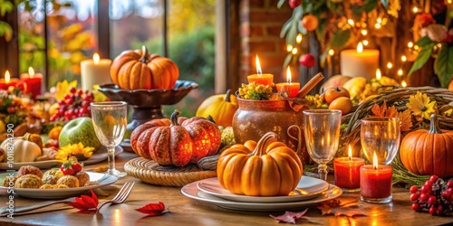 Beautiful Thanksgiving table setting with autumn decorations, pumpkins, and exquisite seasonal dishes