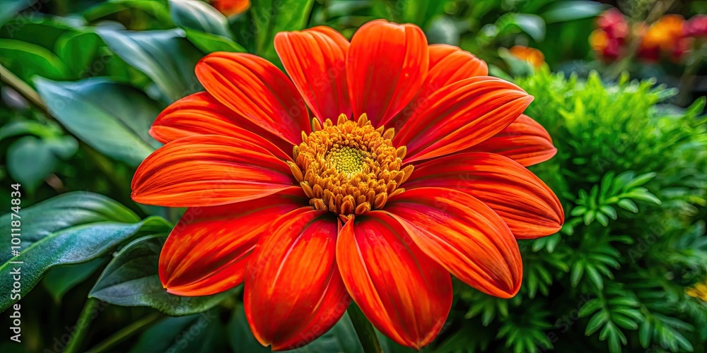Beautiful vibrant red-orange flower with striking petals and lush green foliage in natural setting Beautiful vibrant red-orange flower with striking petals and lush green foliage in natural setting