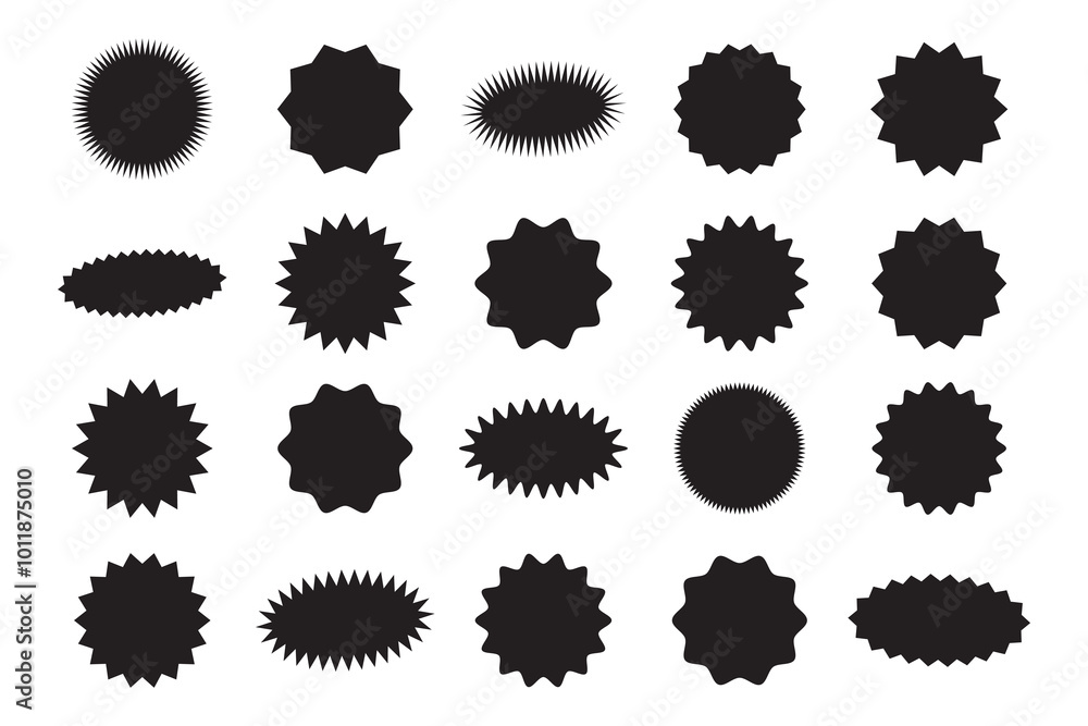 Set of black price sticker, sale or discount sticker, sunburst badges icon. Stars shape with different number of rays. Special offer price tag. Red starburst promotional badge set, shopping labels Set of black price sticker, sale or discount sticker, sunburst badges icon. Stars shape with different number of rays. Special offer price tag. Red starburst promotional badge set, shopping labels