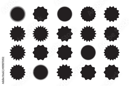 Set of black price sticker, sale or discount sticker, sunburst badges icon. Stars shape with different number of rays. Special offer price tag. Red starburst promotional badge set, shopping labels