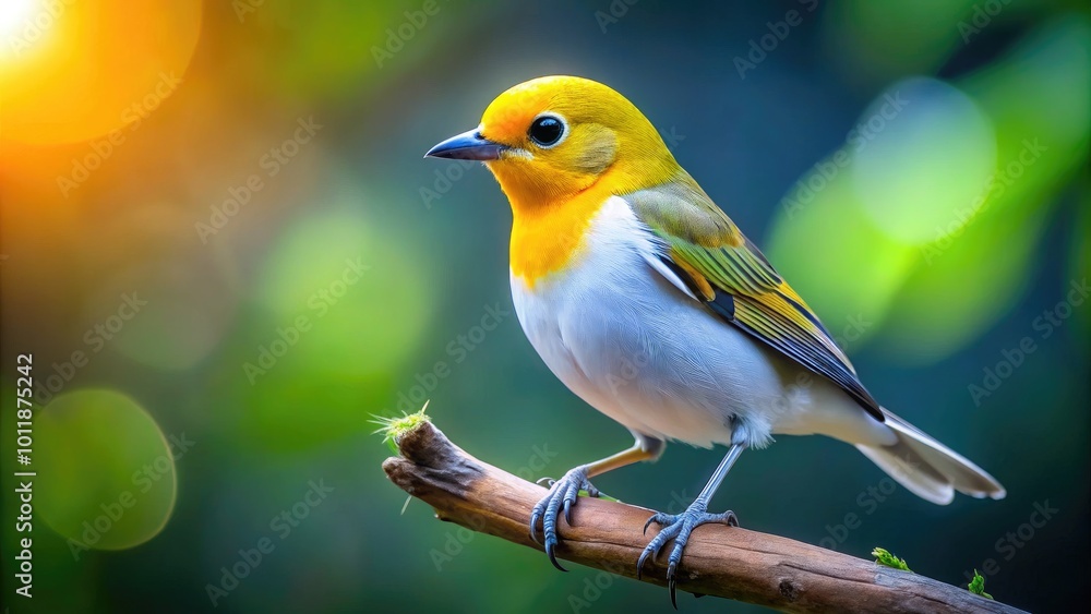 Obraz premium Beautiful white and yellow bird perched gracefully on a branch against a blurred natural background