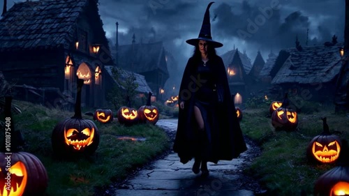 Halloween night background with witch walkimg in village photo