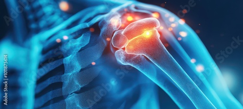 3D illustration of an X-ray image showcasing the left shoulder joint with highlighted inflammation and pain areas