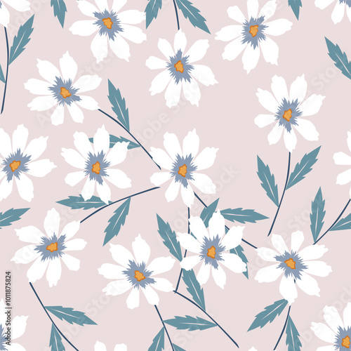 White background vector seamless pattern with delicate flowers for textile and fabric print and other uses.