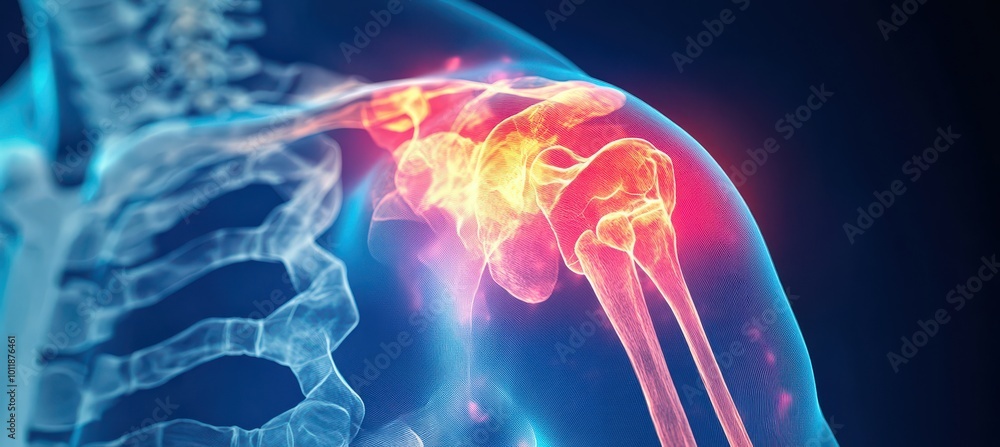 Detailed X-ray illustration of human shoulder joint highlighting anatomy and potential injury areas Detailed X-ray illustration of human shoulder joint highlighting anatomy and potential injury areas