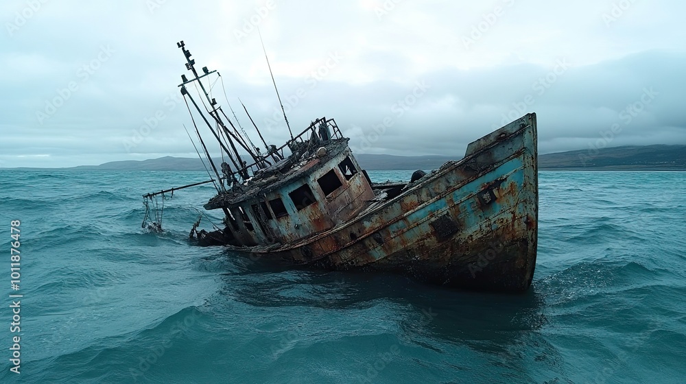 A large ship is floating in the ocean with a rusted hull A large ship is floating in the ocean with a rusted hull