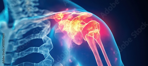 Detailed X-ray illustration of human shoulder joint highlighting anatomy and potential injury areas