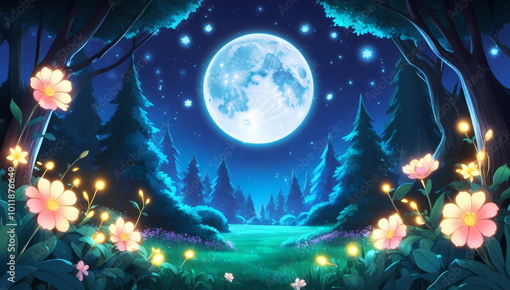 Magical Midnight Forest with Glowing Flowers and Ethereal Moonlight
Magical Midnight Forest with Glowing Flowers and Ethereal Moonlight