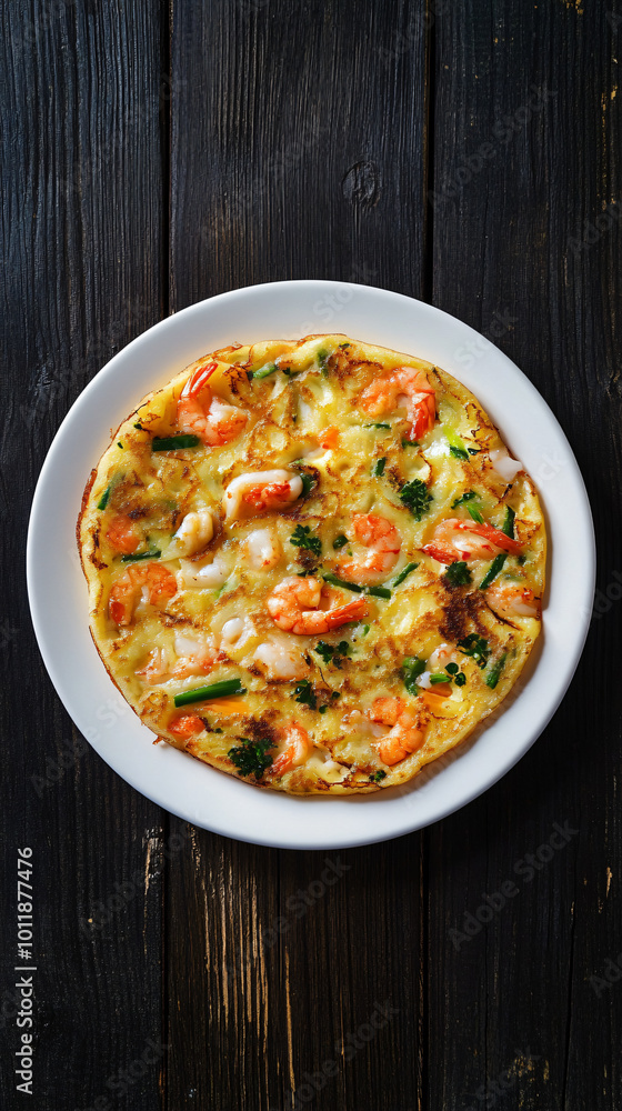 Delicious savory pancake with shrimps, green onion and parsley served on white plate, placed on dark wooden table