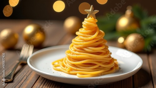 Christmas tree in the form of spaghetti on a white dish. photo