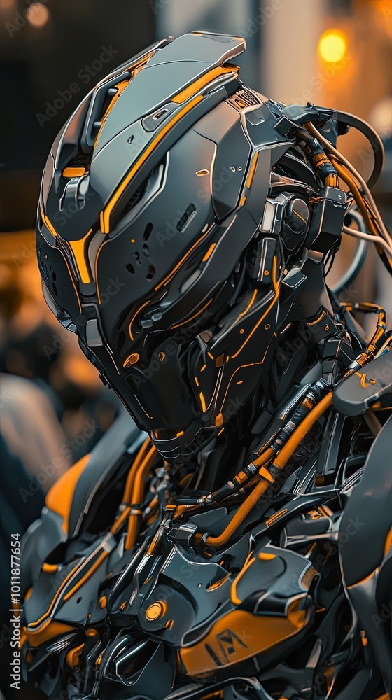 A robot with a black and orange helmet stands in front of a crowd of people A robot with a black and orange helmet stands in front of a crowd of people