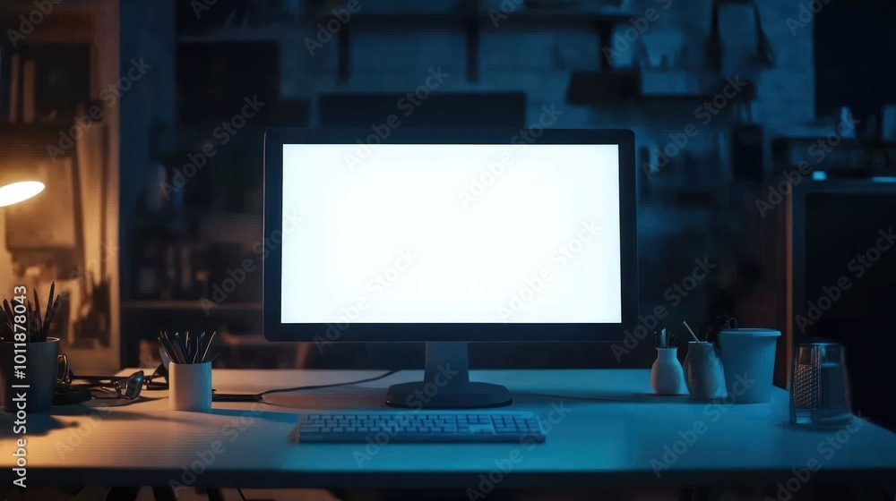 Naklejka premium A dimly lit workspace featuring a blank computer screen and minimal desk accessories.