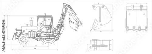 Vector earthmoving machine with bucket. 
Technical drawing of tractor.
Engineering mechanical design of excavator
with dimension lines. Industrial 
cad scheme on paper sheet. 
Technology background.