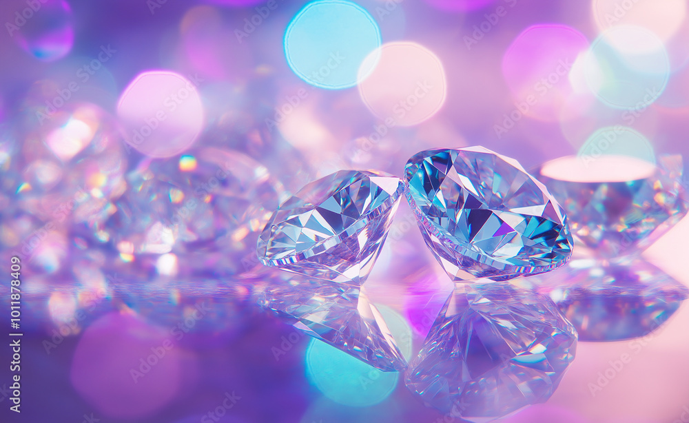 Sparkling diamonds arranged in a row with vibrant bokeh lights in the background.