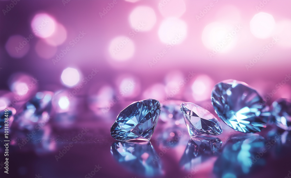 Sparkling diamonds arranged in a row with vibrant bokeh lights in the background. Sparkling diamonds arranged in a row with vibrant bokeh lights in the background.
