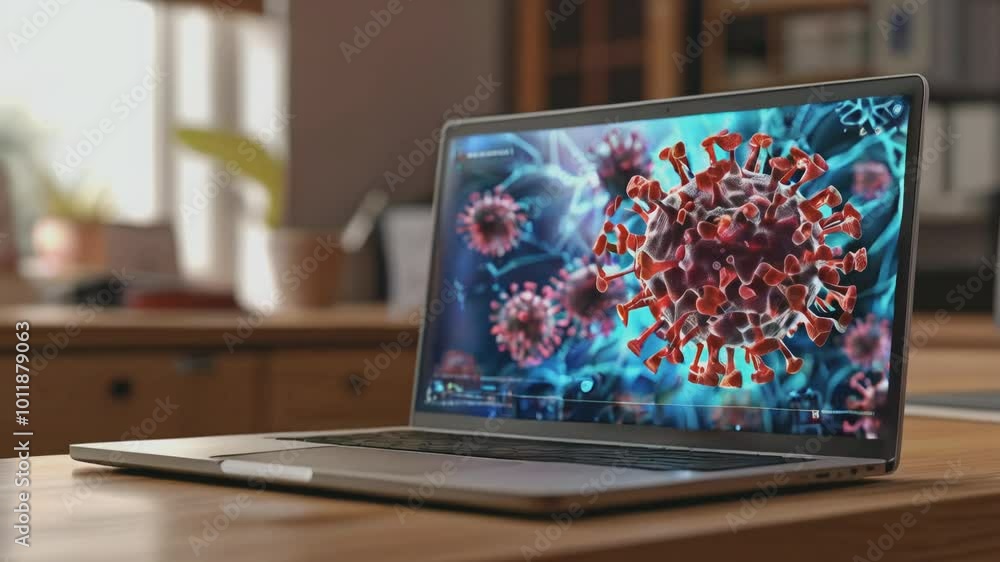 A laptop screen displays a detailed image of a virus particle, symbolizing the intersection of technology and health. A laptop screen displays a detailed image of a virus particle, symbolizing the intersection of technology and health.