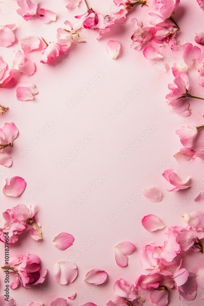 Delicate pink cherry blossom petals scattered on a soft pink background. Delicate pink cherry blossom petals scattered on a soft pink background.