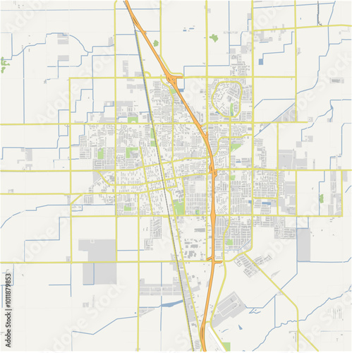 Map of Tulare in California in a normal road map style. Contains layered vector with roads water, parks, etc.