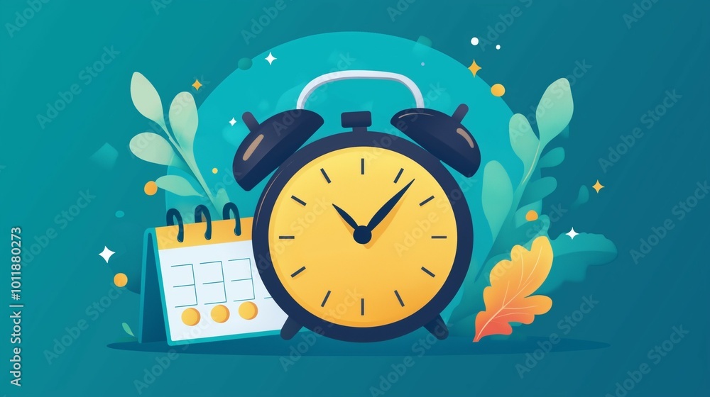 Flat illustration of a yellow alarm clock with a calendar and autumn leaves on a teal background Flat illustration of a yellow alarm clock with a calendar and autumn leaves on a teal background