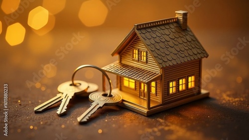 Golden house with keys. Mortgage concept.