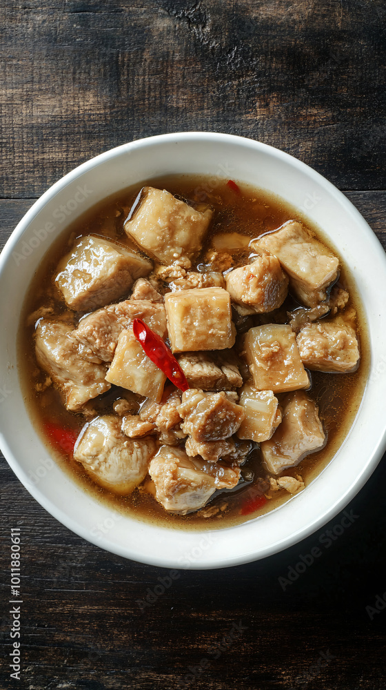 Simmering pork belly adobo in a white bowl with a rich and flavorful sauce Simmering pork belly adobo in a white bowl with a rich and flavorful sauce
