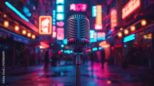 Retro Microphone in a Neon City Street