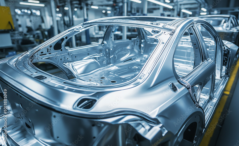 Car frame in an automotive factory on an assembly line. Car frame in an automotive factory on an assembly line.