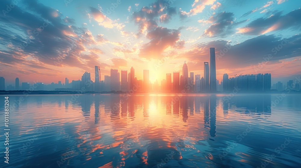 Fototapeta premium Cityscape Sunrise Reflection