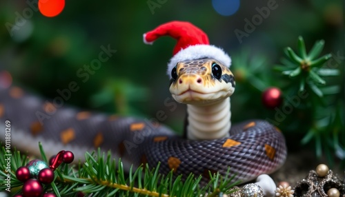 Snake and Christmas tree background.