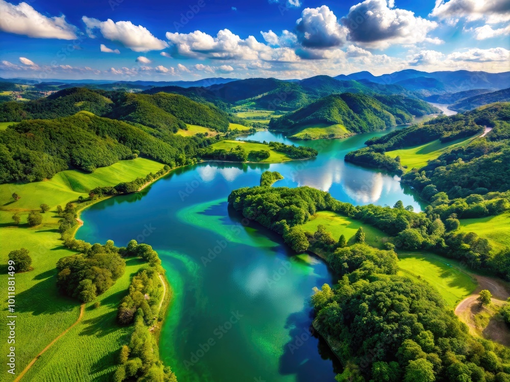 Breathtaking Aerial View of Lush Green Hills and Serene Water Bodies Under Clear Blue Sky Breathtaking Aerial View of Lush Green Hills and Serene Water Bodies Under Clear Blue Sky