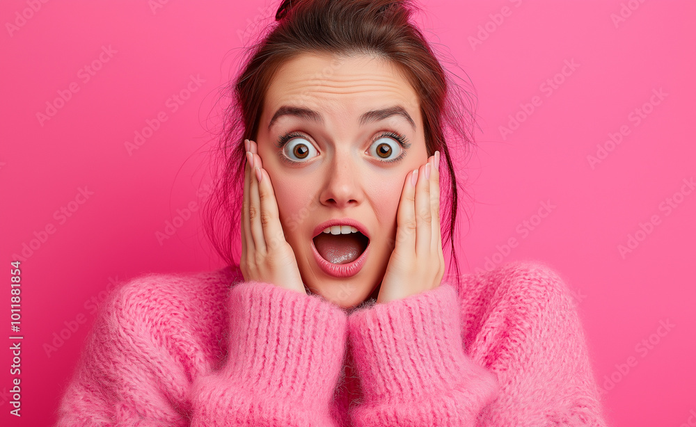 Surprised woman with wide eyes and hands on face wearing a pink sweater. Surprised woman with wide eyes and hands on face wearing a pink sweater.