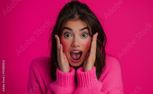 Surprised woman with wide eyes and hands on face wearing a pink sweater.