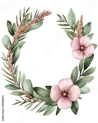 A beautiful floral wreath design featuring delicate pink flowers and green foliage, perfect for invitations and decor.