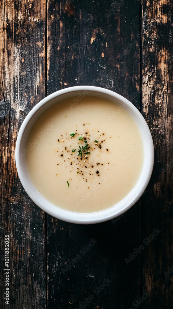 Flavorful creamy soup with a sprinkle of pepper and herbs, placed on a rustic wooden table Flavorful creamy soup with a sprinkle of pepper and herbs, placed on a rustic wooden table