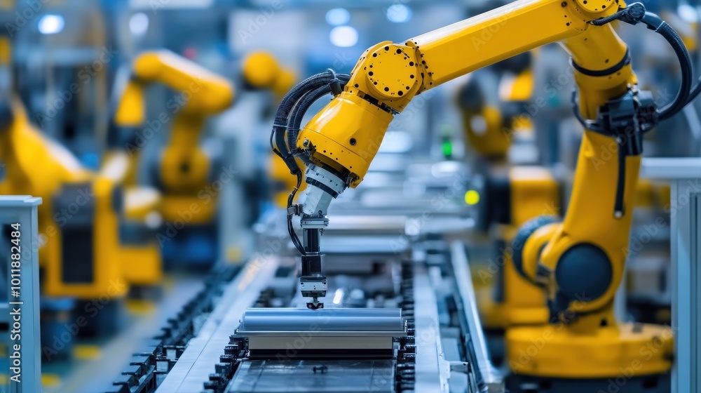 Industrial robotic arm assembling components on a production line. Industrial robotic arm assembling components on a production line.